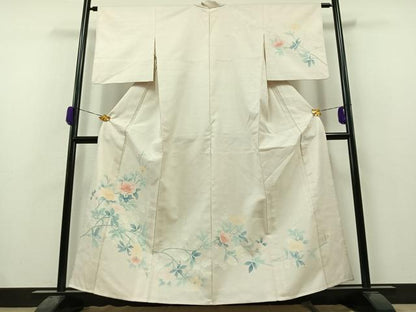 平和屋着物▽訪問着　単衣　紬地　枝花文　正絹　逸品　AAAZ2328jh