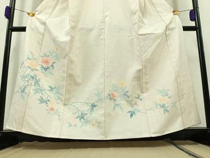 平和屋着物▽訪問着　単衣　紬地　枝花文　正絹　逸品　AAAZ2328jh