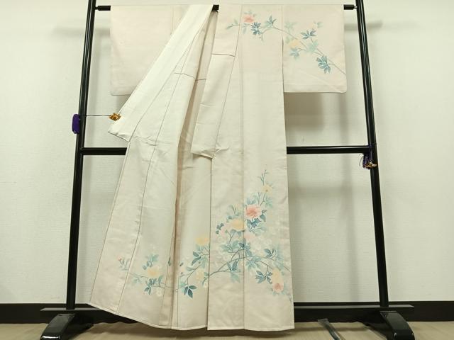 平和屋着物▽訪問着　単衣　紬地　枝花文　正絹　逸品　AAAZ2328jh