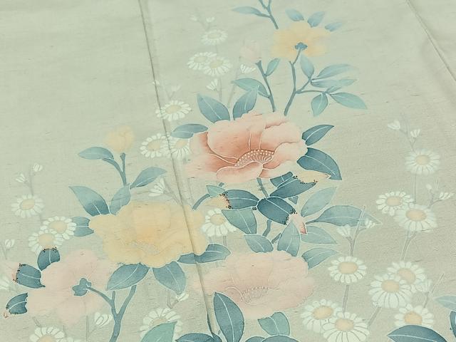 平和屋着物▽訪問着　単衣　紬地　枝花文　正絹　逸品　AAAZ2328jh