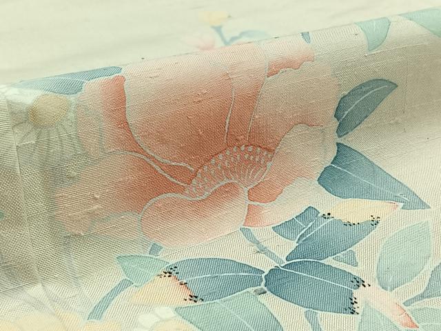 平和屋着物▽訪問着　単衣　紬地　枝花文　正絹　逸品　AAAZ2328jh