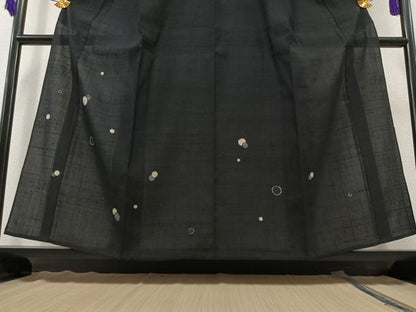 平和屋着物▽訪問着 単衣 生紬 丸文 黒地 正絹 逸品 AAAZ2333jh