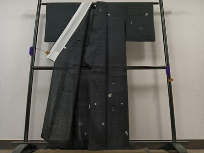 平和屋着物▽訪問着 単衣 生紬 丸文 黒地 正絹 逸品 AAAZ2333jh