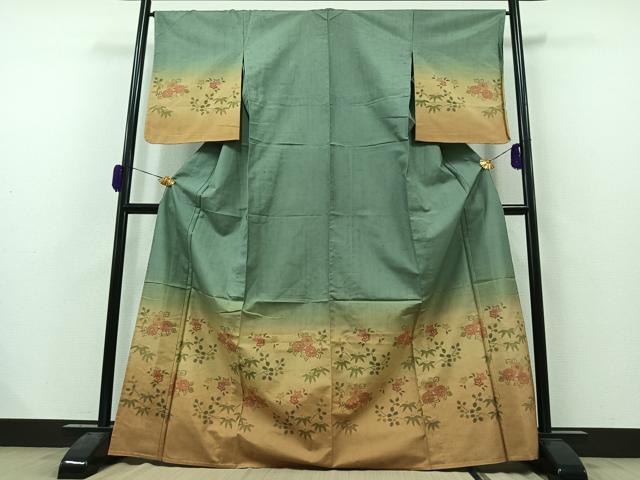 平和屋着物▽訪問着 単衣 紬地 草花文 暈し染め 正絹 逸品 AAAZ2335jh