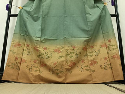 平和屋着物▽訪問着 単衣 紬地 草花文 暈し染め 正絹 逸品 AAAZ2335jh