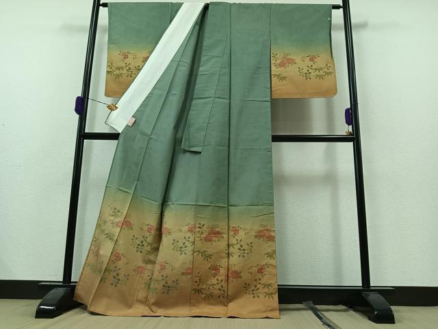 平和屋着物▽訪問着 単衣 紬地 草花文 暈し染め 正絹 逸品 AAAZ2335jh