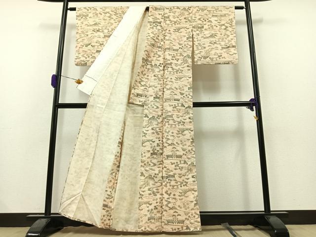 平和屋着物▽上質な紬　単衣　風景松竹梅文　正絹　逸品　AAAZ2336jh