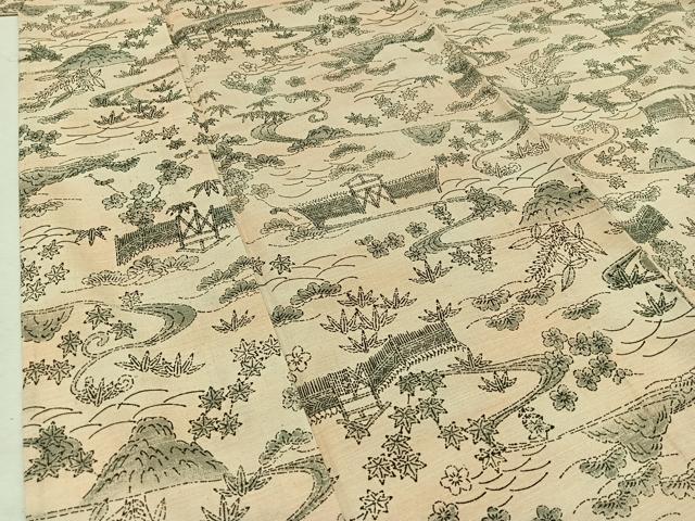 平和屋着物▽上質な紬　単衣　風景松竹梅文　正絹　逸品　AAAZ2336jh
