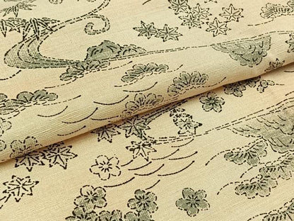 平和屋着物▽上質な紬　単衣　風景松竹梅文　正絹　逸品　AAAZ2336jh