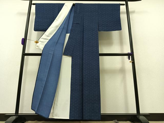 平和屋着物▽本藍 型絵染 小紋 単衣 花唐草文 三越扱い 正絹 逸品 AAAZ2345jh