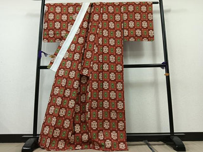 平和屋着物▽上質な紬 単衣 市松花文 正絹 逸品 未使用 AAAZ2349jh