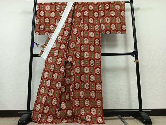 平和屋着物▽上質な紬 単衣 市松花文 正絹 逸品 未使用 AAAZ2349jh