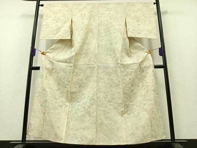 平和屋着物▽上質な紬 単衣 草花文 正絹 逸品 AAAZ2355jh