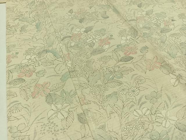 平和屋着物▽上質な紬 単衣 草花文 正絹 逸品 AAAZ2355jh