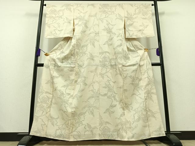 平和屋着物▽生紬 単衣 枝花文 正絹 逸品 AAAZ2356jh