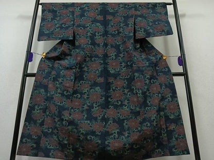 平和屋着物▽上質な紬 単衣 草花文 正絹 逸品 AAAZ2359jh