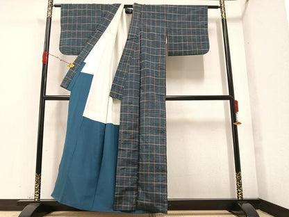 平和屋着物●上質な紬　格子　正絹　逸品　AAAZ2375ph