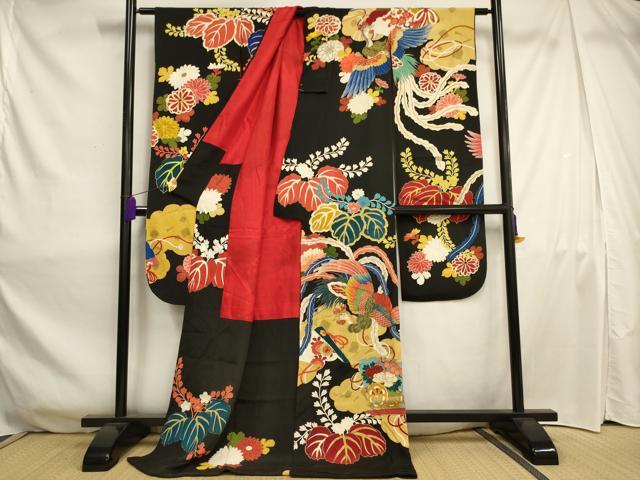 平和屋本店●アンティーク お引きずり・お引き摺り・引き振袖 和装 結婚式 舞妓 芸妓 芸者 衣装 駒刺繍 鳳凰花文 金銀糸 AAAZ2787ou