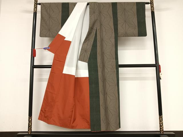 平和屋着物●上質な紬　麻の葉文様　正絹　逸品　AAAZ3002np