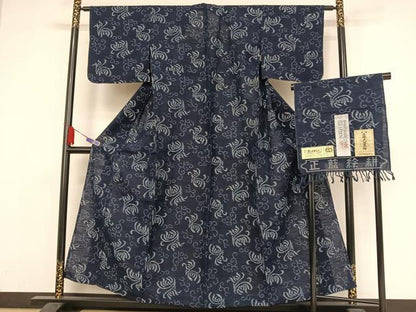 平和屋着物●久留米絣　単衣　花唐草文　福山富生作　証紙付き　綿　逸品　AAAZ3024np