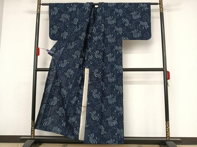 平和屋着物●久留米絣　単衣　花唐草文　福山富生作　証紙付き　綿　逸品　AAAZ3024np