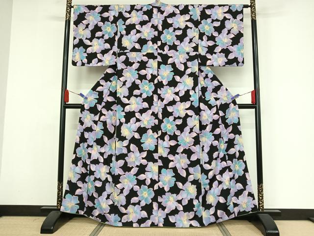 平和屋着物●小紋　舞花文　黒地　洗える着物　AAAZ3039np