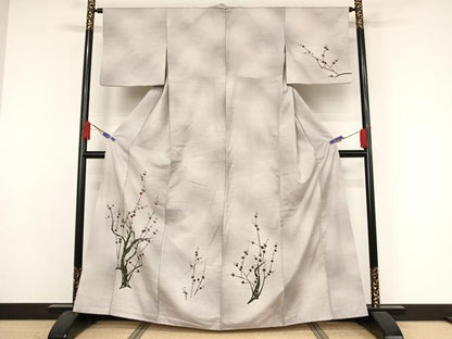 平和屋着物●訪問着　紬地　手描き　枝花文　正絹　逸品　AAAZ3083np