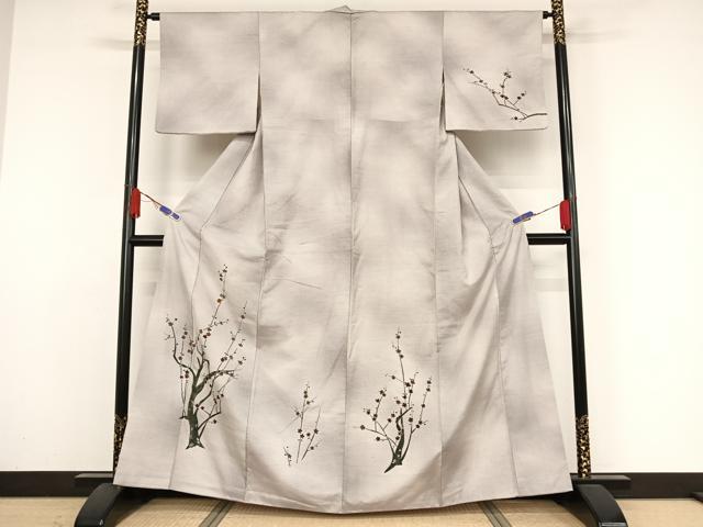 平和屋着物●訪問着　紬地　手描き　枝花文　正絹　逸品　AAAZ3083np