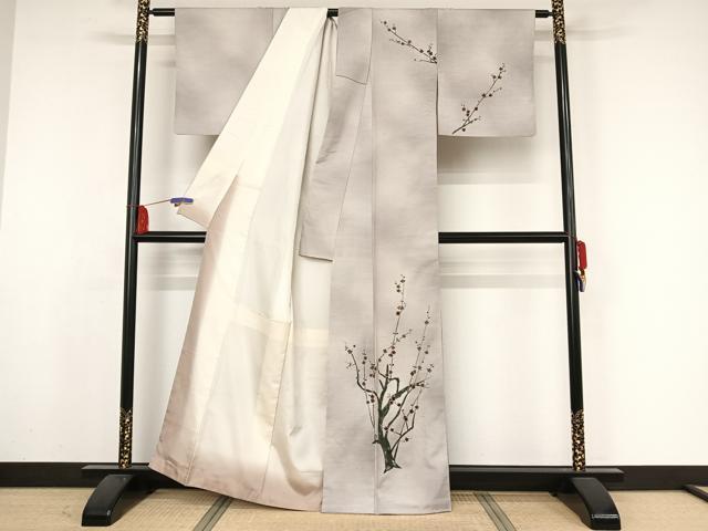 平和屋着物●訪問着　紬地　手描き　枝花文　正絹　逸品　AAAZ3083np