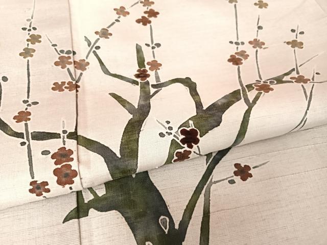 平和屋着物●訪問着　紬地　手描き　枝花文　正絹　逸品　AAAZ3083np