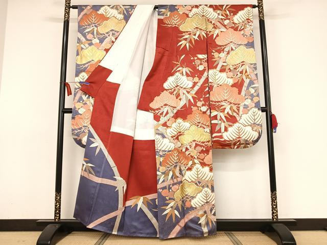 平和屋着物●皇室献上作家　藤井寛　振袖・長襦袢(無双仕立て)セット　駒刺繍　松竹梅　金糸　金彩　正絹　逸品　AAAZ3099np