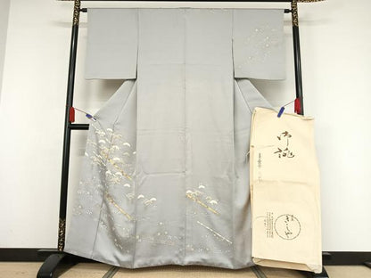 平和屋着物●銀座きしや　訪問着　駒刺繍　松に藤花房　金糸　金彩　たとう紙付き　正絹　逸品　AAAZ3102np