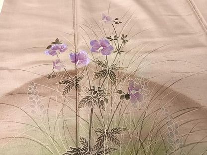 平和屋着物●訪問着 紬地 刺繍 草花文 金銀彩 正絹 逸品 AAAZ3123np