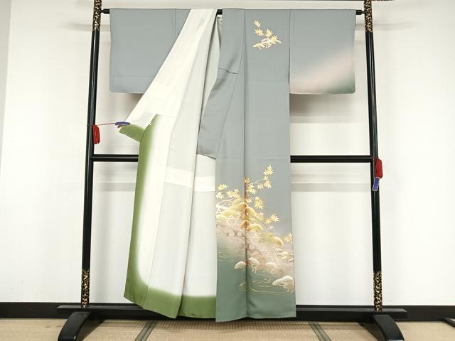 平和屋着物●金彩友禅　卓越技能者・名工・和田光正　訪問着　夢蒔絵　流水に松　暈し染め　金彩　正絹　逸品　AAAZ3132np