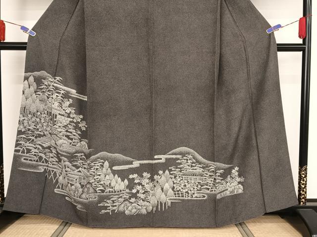 平和屋着物●江戸小紋 訪問着 風景文 鮫小紋柄 黒地 正絹 逸品 AAAZ3169np