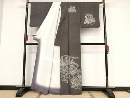 平和屋着物●江戸小紋 訪問着 風景文 鮫小紋柄 黒地 正絹 逸品 AAAZ3169np