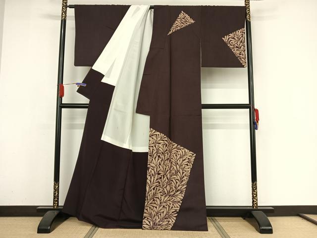 平和屋着物●訪問着　紬地　枝葉文　正絹　逸品　AAAZ3207np