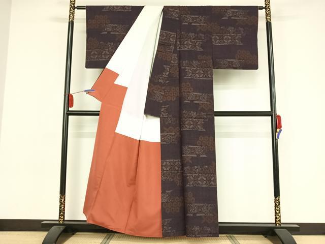 平和屋着物●結城紬　80亀甲　横段花文　正絹　逸品　AAAZ3220np