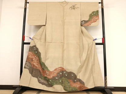 平和屋着物●訪問着 紬地 手描き 絞り 道長草花文 金彩 正絹 逸品 AAAZ3245np
