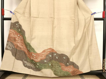 平和屋着物●訪問着 紬地 手描き 絞り 道長草花文 金彩 正絹 逸品 AAAZ3245np