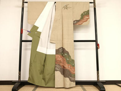 平和屋着物●訪問着 紬地 手描き 絞り 道長草花文 金彩 正絹 逸品 AAAZ3245np