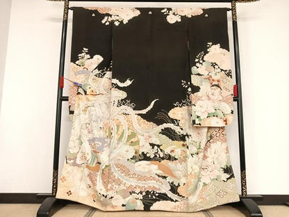 平和屋着物●アンティーク 大正ロマン 振袖 鳳凰花文 黒地 正絹 逸品 AAAZ3292np