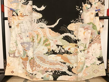 平和屋着物●アンティーク 大正ロマン 振袖 鳳凰花文 黒地 正絹 逸品 AAAZ3292np