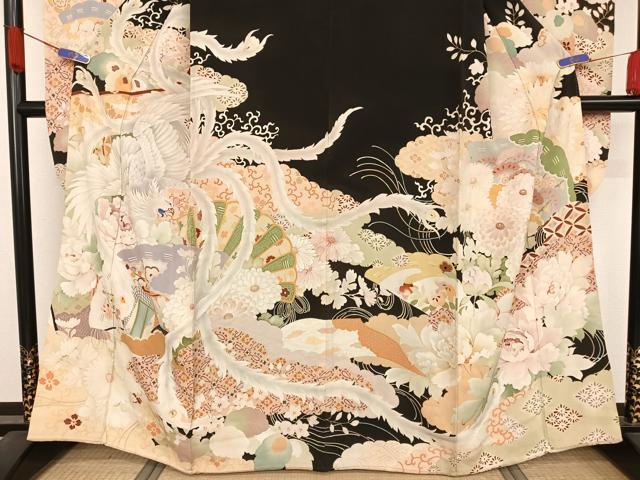 平和屋着物●アンティーク 大正ロマン 振袖 鳳凰花文 黒地 正絹 逸品 AAAZ3292np