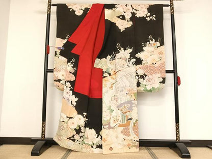 平和屋着物●アンティーク 大正ロマン 振袖 鳳凰花文 黒地 正絹 逸品 AAAZ3292np