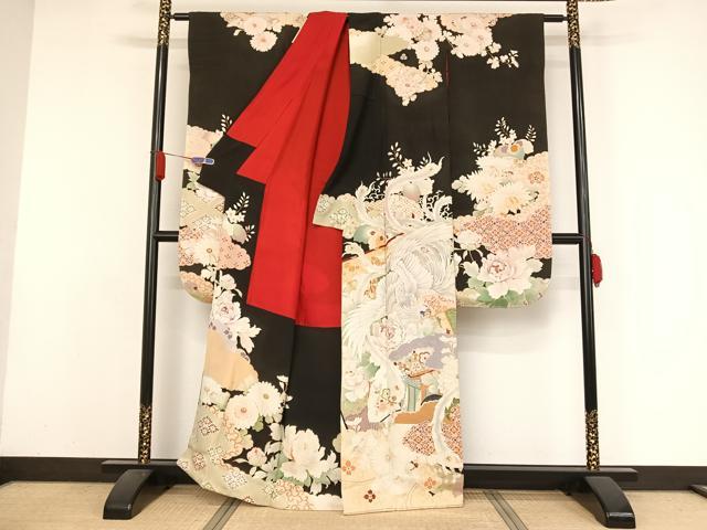 平和屋着物●アンティーク 大正ロマン 振袖 鳳凰花文 黒地 正絹 逸品 AAAZ3292np