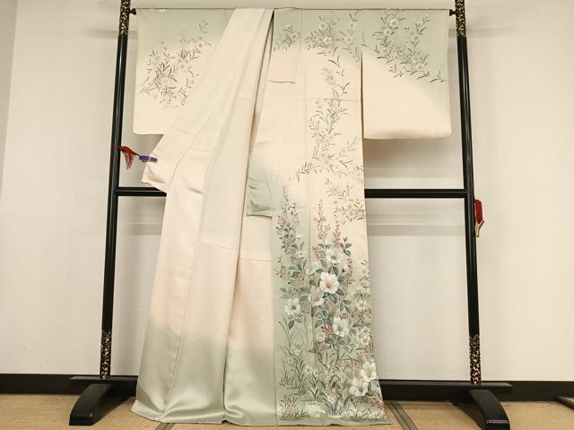 平和屋着物▼京友禅 高林勝司 訪問着 手描き 枝花文 暈し染め 金銀彩 ロング丈 正絹 逸品 AAAZ3352np