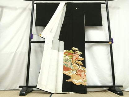 平和屋着物■豪華黒留袖　駒刺繍　御所車枝松文　金銀彩　正絹　逸品　AAAZ3559mf
