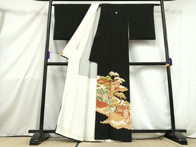 平和屋着物■豪華黒留袖　駒刺繍　御所車枝松文　金銀彩　正絹　逸品　AAAZ3559mf