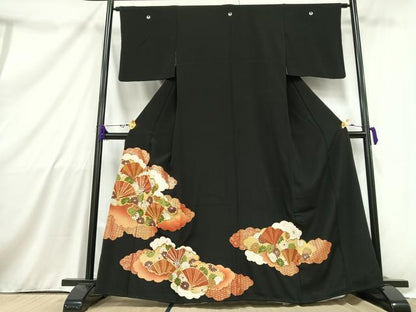 平和屋着物■豪華黒留袖 駒刺繍 扇面草花文 銀糸 金彩 正絹 逸品 AAAZ3639mf